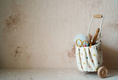 Yarn Tools - a polka dot bag with a pair of scissors in it