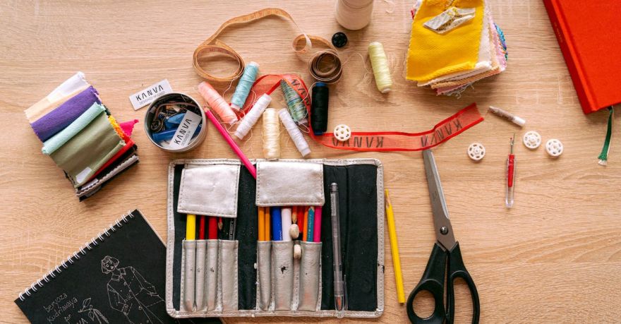 Yarn Tools - Sewing Material on a Wooden Table